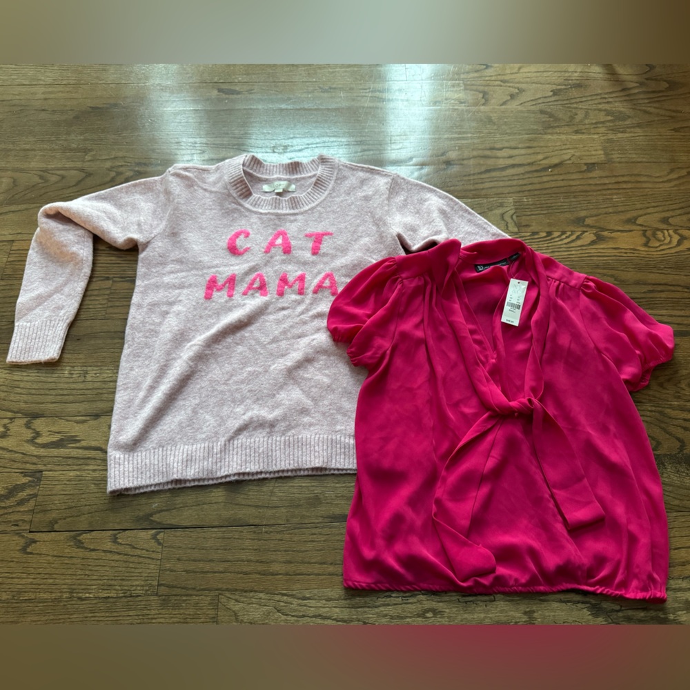 LOFT Cat Mama Sweater + NY&C Pink Tie Neck Blouse Bundle Small NWT